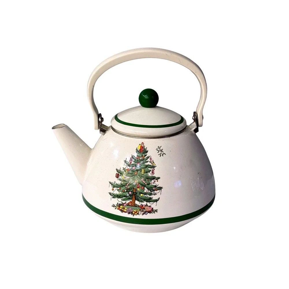 Vintage Spode Christmas Tree Enamel Teapot Kettle Cream Green Stovetop